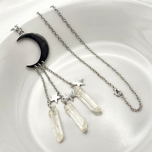 Genuine Quartz Crescent Moon & Stars Necklace - Picture 1 of 8